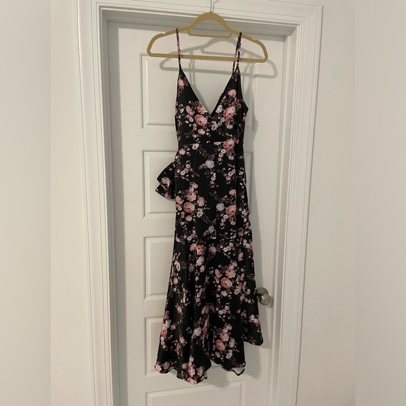 VICI Satin Floral Wrap Midi Dress - Black Floral - Picture 6 of 7